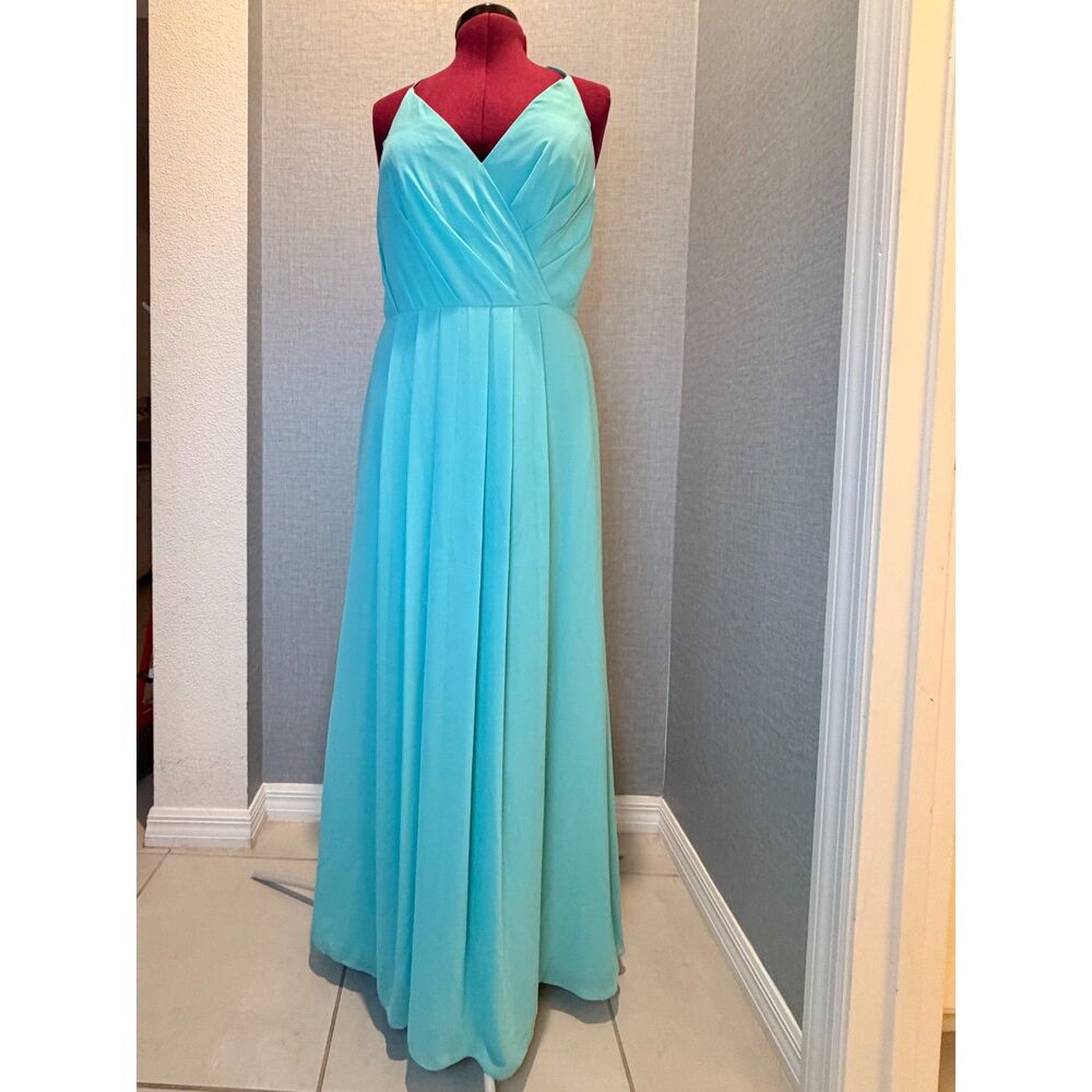 Bill Levkoff Aqua Blue Pleated Bridesmaid Gown 16 Caged Back V-Neck Maxi Formal